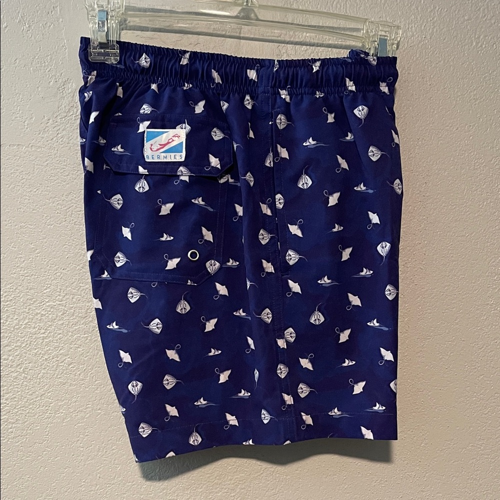 Men's Blue Bernie’s Swim Shorts with Stingray Pattern and pockets.size Small